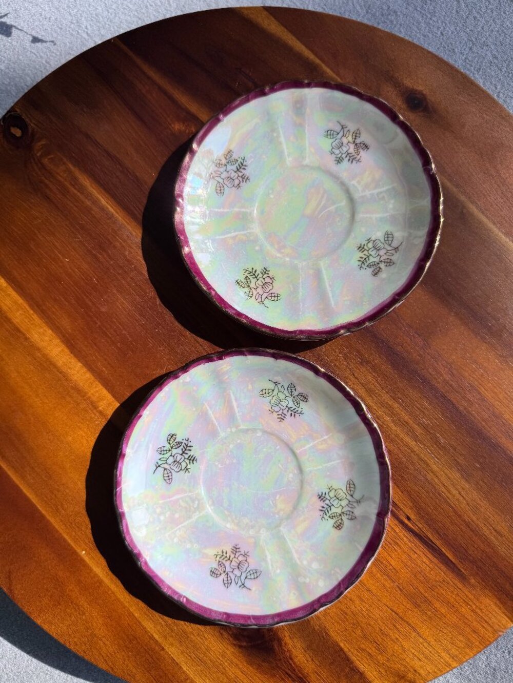 Set of 2 Vintage Japanese Lusterware Saucers, Iridescent with Maroon and Gold